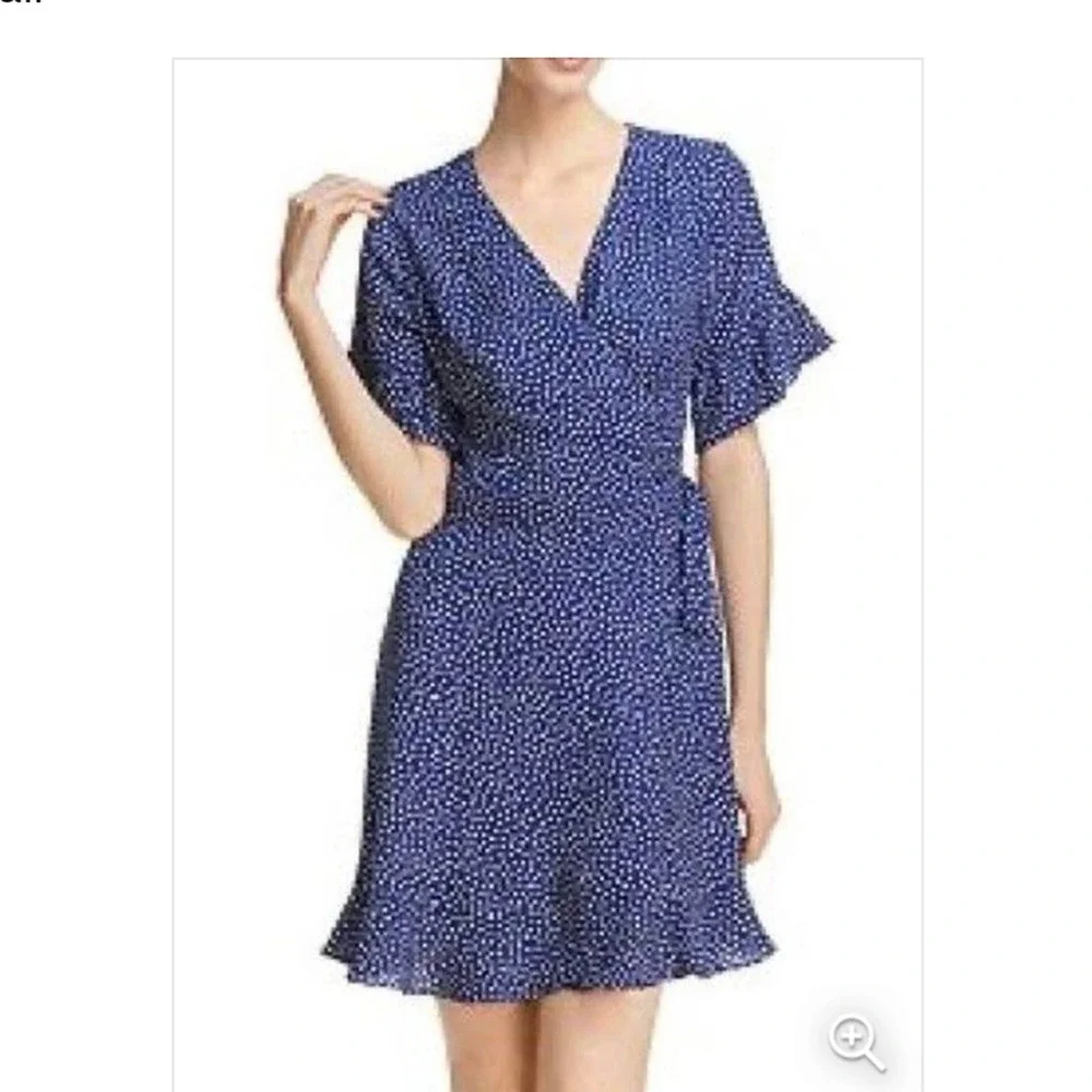 AQUA— Size M, Blue White Polka Dot Wrap Dress Ruffle - Picture 8 of 8